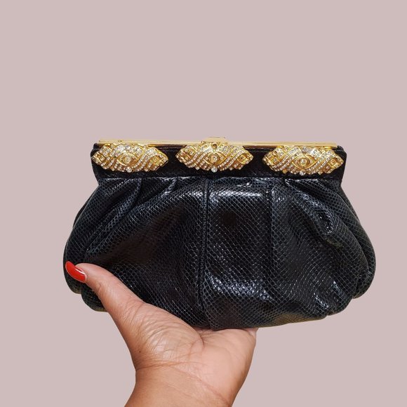 Carlo Fiori Leather Python Clutch With Gold Chain and Rhinestones - Picture 7 of 7